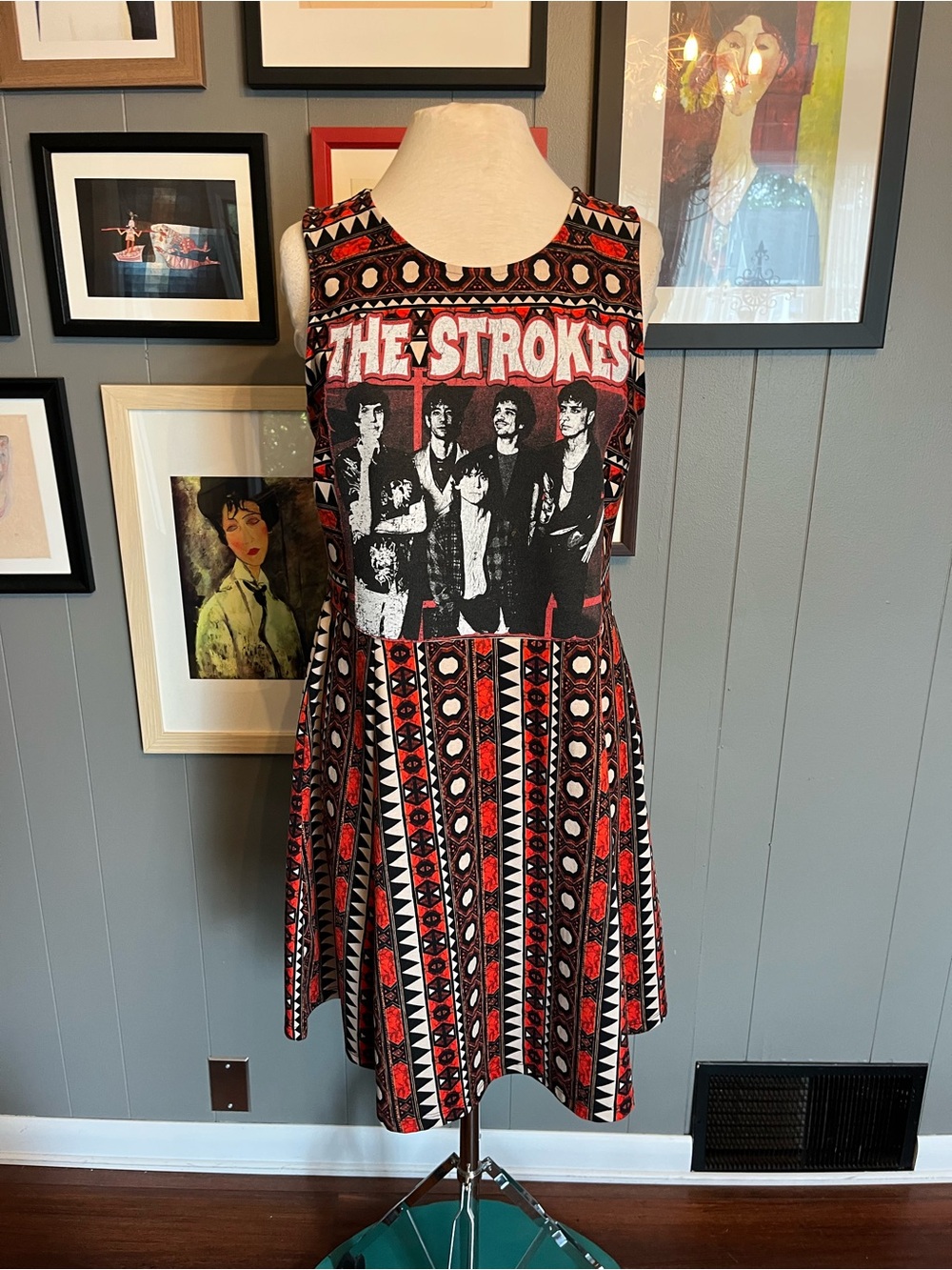 The Strokes Up-Cycled Graphic Fit & Flare Dress in Red, Black & White